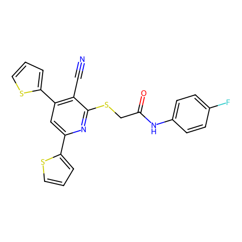 2-((3-cyano-4,6-di(thiophen-2-yl)pyridin-2-yl)thio)-N-(4-fluorophenyl)acetamide structure