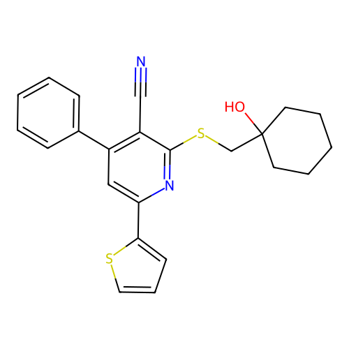 2-(((1-hydroxycyclohexyl)methyl)thio)-4-phenyl-6-(thiophen-2-yl)nicotinonitrile structure