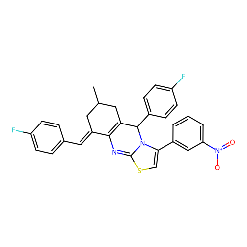 (9E)-5-(4-fluorophenyl)-9-[(4-fluorophenyl)methylidene]-7-methyl-3-(3-nitrophenyl)-5,6,7,8-tetrahydro-[1,3]thiazolo[2,3-b]quinazoline structure