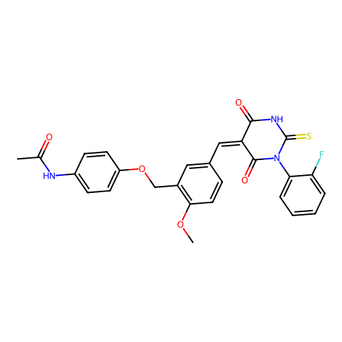 (Z)-N-(4-((5-((1-(2-fluorophenyl)-4,6-dioxo-2-thioxotetrahydropyrimidin-5(2H)-ylidene)methyl)-2-methoxybenzyl)oxy)phenyl)acetamide structure
