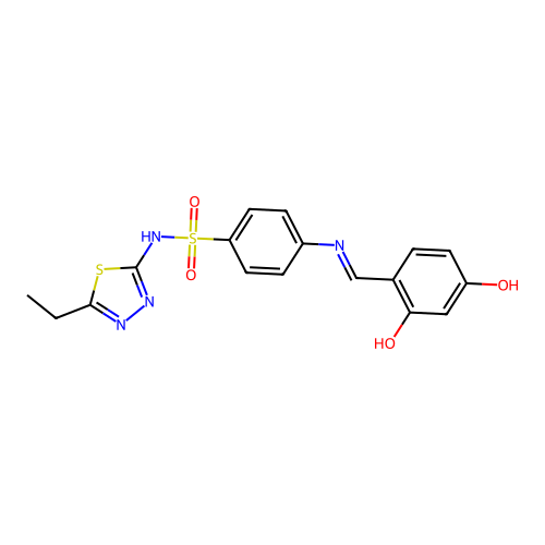 (E)-4-((2,4-dihydroxybenzylidene)amino)-N-(5-ethyl-1,3,4-thiadiazol-2-yl)benzenesulfonamide structure