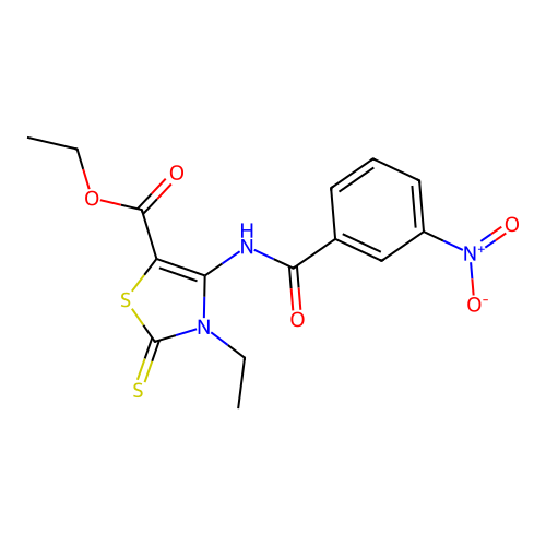 ethyl 3-ethyl-4-(3-nitrobenzamido)-2-thioxo-2,3-dihydrothiazole-5-carboxylate structure
