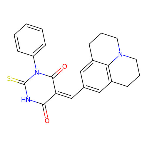 (5Z)-1-phenyl-2-sulfanyl-5-(2,3,6,7-tetrahydro-1H,5H-pyrido[3,2,1-ij]quinolin-9-ylmethylidene)pyrimidine-4,6(1H,5H)-dione structure