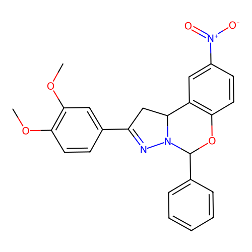 2-(3,4-dimethoxyphenyl)-9-nitro-5-phenyl-1,10b-dihydropyrazolo[1,5-c][1,3]benzoxazine structure