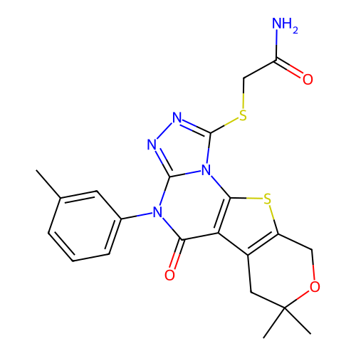 2-((7,7-dimethyl-5-oxo-4-(m-tolyl)-5,6,7,9-tetrahydro-4H-pyrano[4',3':4,5]thieno[3,2-e][1,2,4]triazolo[4,3-a]pyrimidin-1-yl)thio)acetamide structure