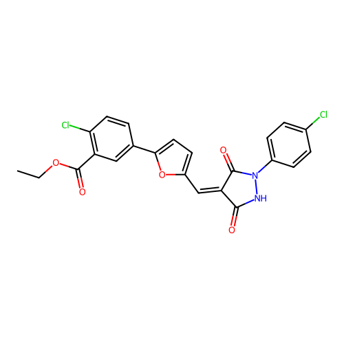 (Z)-ethyl 2-chloro-5-(5-((1-(4-chlorophenyl)-3,5-dioxopyrazolidin-4-ylidene)methyl)furan-2-yl)benzoate structure