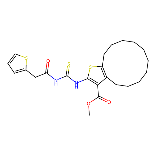 methyl 2-(3-(2-(thiophen-2-yl)acetyl)thioureido)-4,5,6,7,8,9,10,11,12,13-decahydrocyclododeca[b]thiophene-3-carboxylate structure