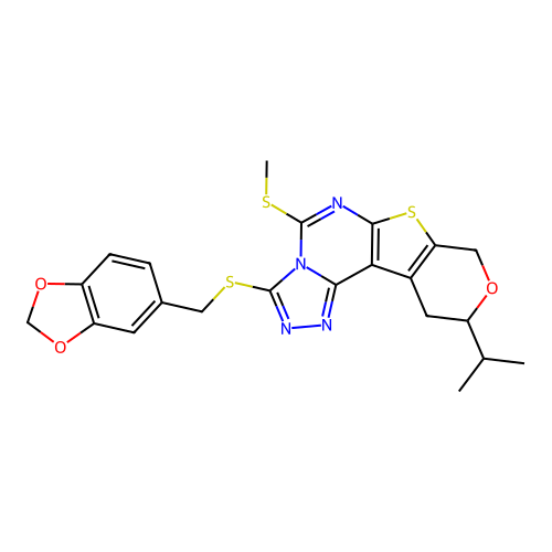 3-[(1,3-benzodioxol-5-ylmethyl)sulfanyl]-5-(methylsulfanyl)-10-(propan-2-yl)-10,11-dihydro-8H-pyrano[4',3':4,5]thieno[3,2-e][1,2,4]triazolo[4,3-c]pyrimidine structure