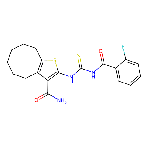 2-(3-(2-fluorobenzoyl)thioureido)-4,5,6,7,8,9-hexahydrocycloocta[b]thiophene-3-carboxamide structure