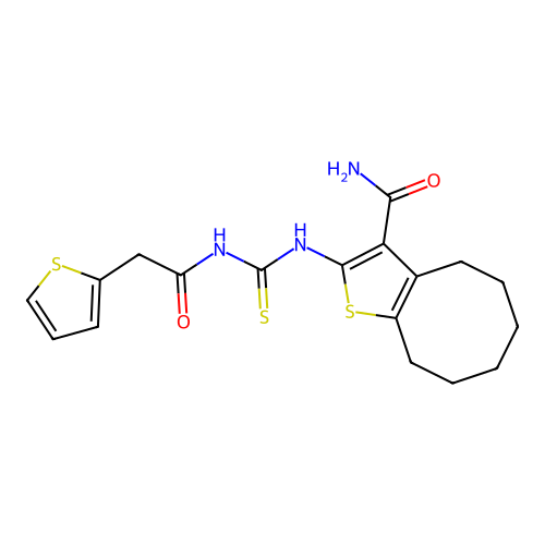 2-(3-(2-(thiophen-2-yl)acetyl)thioureido)-4,5,6,7,8,9-hexahydrocycloocta[b]thiophene-3-carboxamide structure