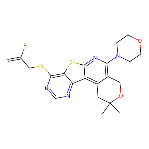 8-((2-bromoallyl)thio)-2,2-dimethyl-5-morpholino-2,4-dihydro-1H-pyrano[4'',3'':4',5']pyrido[3',2':4,5]thieno[3,2-d]pyrimidine structure