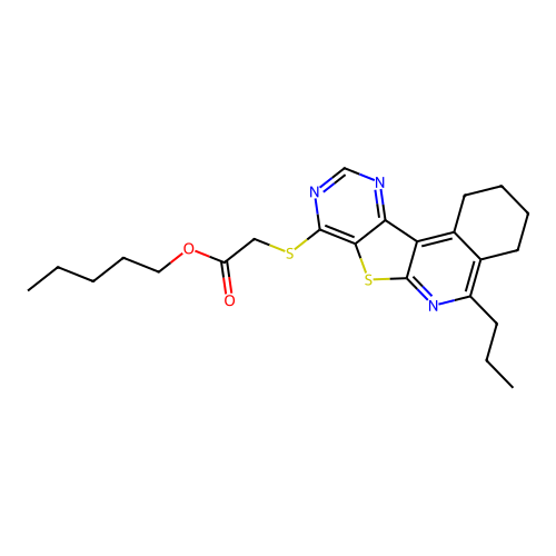 pentyl [(5-propyl-1,2,3,4-tetrahydropyrimido[4',5':4,5]thieno[2,3-c]isoquinolin-8-yl)sulfanyl]acetate structure
