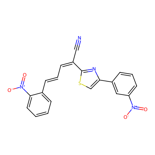 (2Z,4E)-5-(2-nitrophenyl)-2-[4-(3-nitrophenyl)-1,3-thiazol-2-yl]penta-2,4-dienenitrile structure