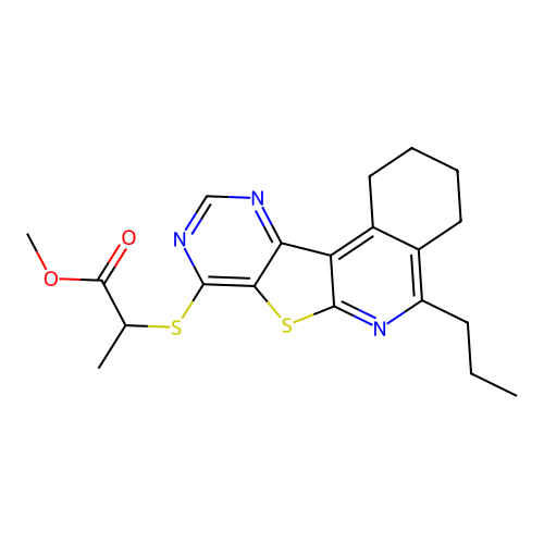 methyl 2-((5-propyl-1,2,3,4-tetrahydropyrimido[4',5':4,5]thieno[2,3-c]isoquinolin-8-yl)thio)propanoate structure