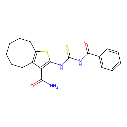 2-(3-benzoylthioureido)-4,5,6,7,8,9-hexahydrocycloocta[b]thiophene-3-carboxamide structure