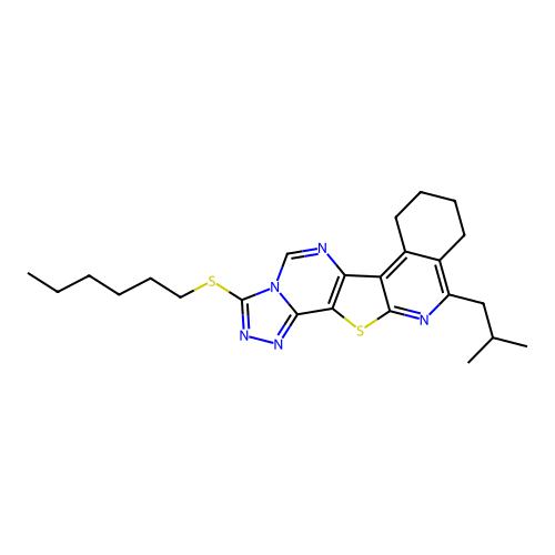 3-(hexylsulfanyl)-11-(2-methylpropyl)-7,8,9,10-tetrahydro[1,2,4]triazolo[4'',3'':1',6']pyrimido[4',5':4,5]thieno[2,3-c]isoquinoline structure