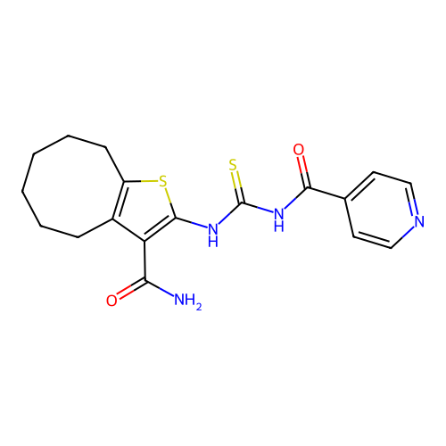 N-[(3-carbamoyl-4,5,6,7,8,9-hexahydrocycloocta[b]thiophen-2-yl)carbamothioyl]pyridine-4-carboxamide structure