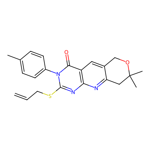 2-(allylthio)-8,8-dimethyl-3-(p-tolyl)-8,9-dihydro-3H-pyrano[3',4':5,6]pyrido[2,3-d]pyrimidin-4(6H)-one structure