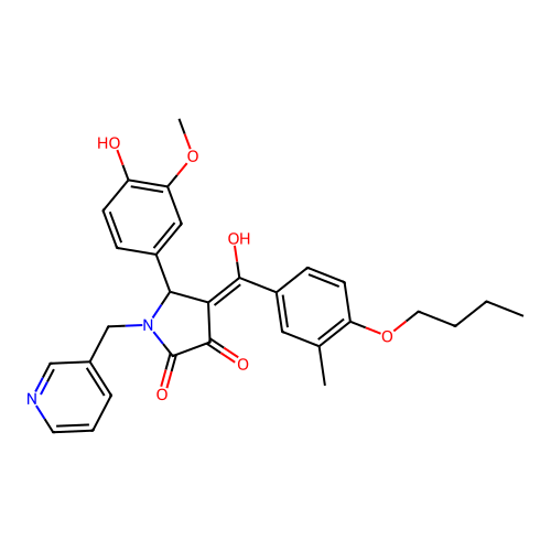 (4E)-4-[(4-butoxy-3-methylphenyl)(hydroxy)methylidene]-5-(4-hydroxy-3-methoxyphenyl)-1-(pyridin-3-ylmethyl)pyrrolidine-2,3-dione structure