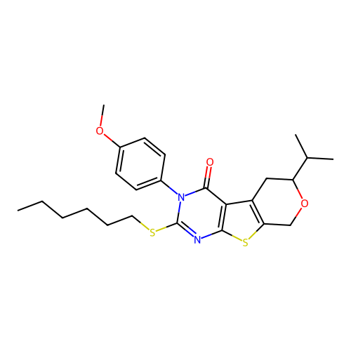 2-(hexylsulfanyl)-3-(4-methoxyphenyl)-6-(propan-2-yl)-3,5,6,8-tetrahydro-4H-pyrano[4',3':4,5]thieno[2,3-d]pyrimidin-4-one structure