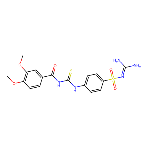 N-{[4-(carbamimidoylsulfamoyl)phenyl]carbamothioyl}-3,4-dimethoxybenzamide structure