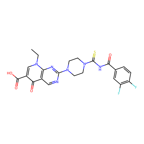 2-(4-((3,4-difluorobenzoyl)carbamothioyl)piperazin-1-yl)-8-ethyl-5-oxo-5,8-dihydropyrido[2,3-d]pyrimidine-6-carboxylic acid structure