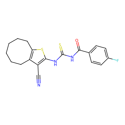 N-[(3-cyano-4,5,6,7,8,9-hexahydrocycloocta[b]thiophen-2-yl)carbamothioyl]-4-fluorobenzamide structure