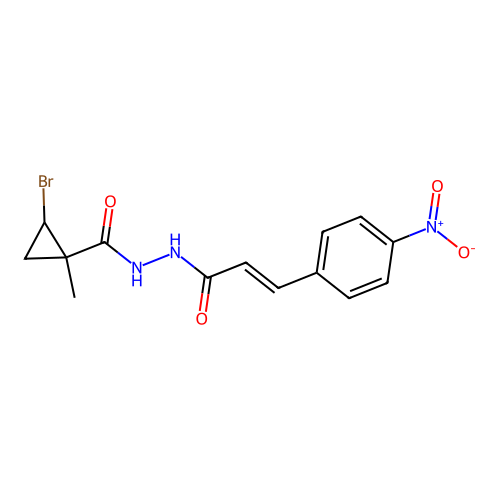 (E)-2-bromo-1-methyl-N'-(3-(4-nitrophenyl)acryloyl)cyclopropanecarbohydrazide structure