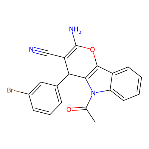 5-Acetyl-2-amino-4-(3-bromophenyl)-4,5-dihydropyrano[3,2-b]indole-3-carbonitrile structure
