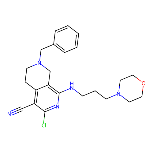 7-benzyl-3-chloro-1-(3-morpholin-4-ylpropylamino)-6,8-dihydro-5H-2,7-naphthyridine-4-carbonitrile structure