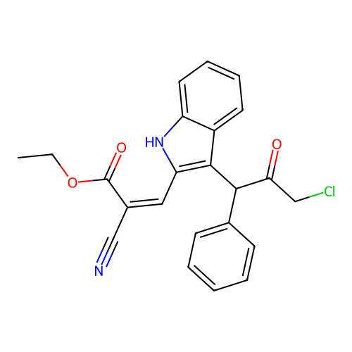 (Z)-ethyl 3-(3-(3-chloro-2-oxo-1-phenylpropyl)-1H-indol-2-yl)-2-cyanoacrylate structure