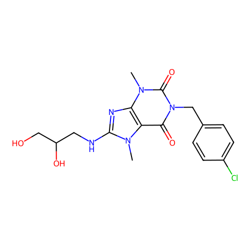 1-[(4-chlorophenyl)methyl]-8-(2,3-dihydroxypropylamino)-3,7-dimethylpurine-2,6-dione structure