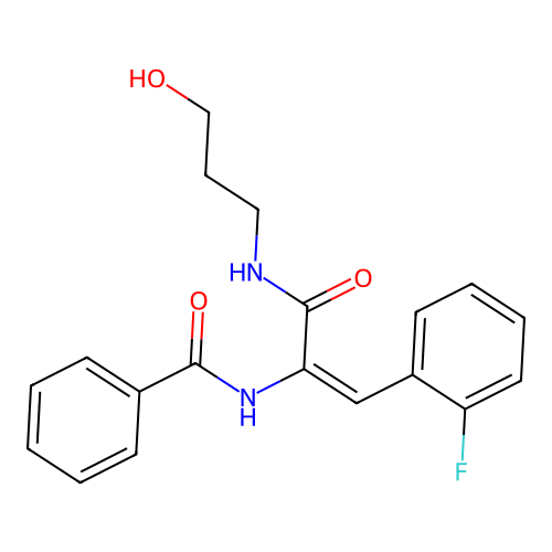 (E)-N-(1-(2-fluorophenyl)-3-((3-hydroxypropyl)amino)-3-oxoprop-1-en-2-yl)benzamide structure