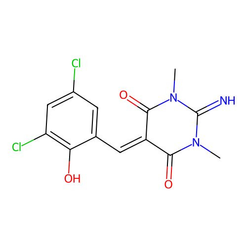 5-(3,5-dichloro-2-hydroxybenzylidene)-2-imino-1,3-dimethyldihydropyrimidine-4,6(1H,5H)-dione structure