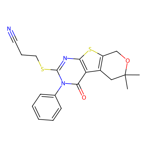 3-[(6,6-dimethyl-4-oxo-3-phenyl-3,5,6,8-tetrahydro-4H-pyrano[4',3':4,5]thieno[2,3-d]pyrimidin-2-yl)sulfanyl]propanenitrile structure