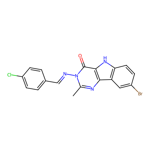 (E)-8-bromo-3-((4-chlorobenzylidene)amino)-2-methyl-3H-pyrimido[5,4-b]indol-4(5H)-one structure