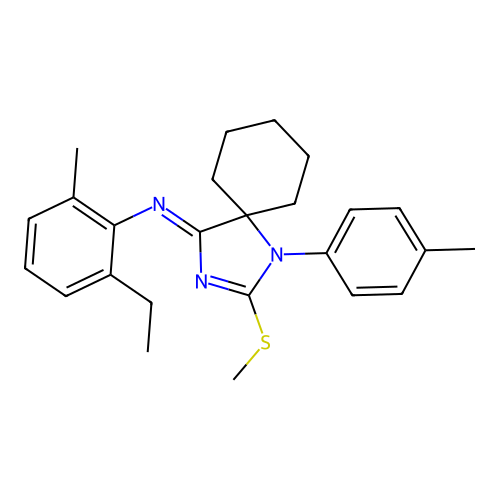 (Z)-2-ethyl-6-methyl-N-(2-(methylthio)-1-(p-tolyl)-1,3-diazaspiro[4.5]dec-2-en-4-ylidene)aniline structure