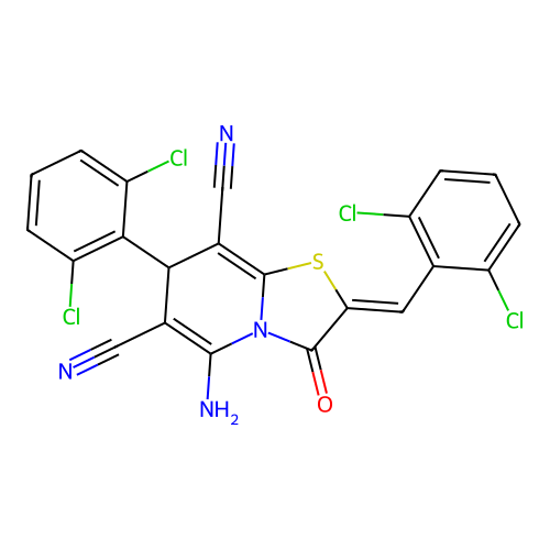 (2Z)-5-amino-2-(2,6-dichlorobenzylidene)-7-(2,6-dichlorophenyl)-3-oxo-2,3-dihydro-7H-[1,3]thiazolo[3,2-a]pyridine-6,8-dicarbonitrile structure