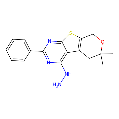 4-hydrazinyl-6,6-dimethyl-2-phenyl-5,8-dihydro-6H-pyrano[4',3':4,5]thieno[2,3-d]pyrimidine structure