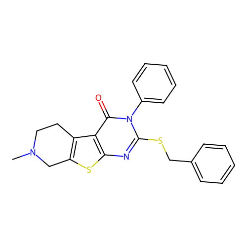 2-(benzylthio)-7-methyl-3-phenyl-5,6,7,8-tetrahydropyrido[4',3':4,5]thieno[2,3-d]pyrimidin-4(3H)-one structure