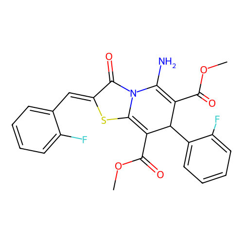 (Z)-dimethyl 5-amino-2-(2-fluorobenzylidene)-7-(2-fluorophenyl)-3-oxo-3,7-dihydro-2H-thiazolo[3,2-a]pyridine-6,8-dicarboxylate structure