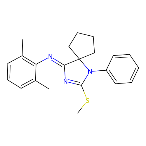 N-(2,6-dimethylphenyl)-8-methylsulfanyl-9-phenyl-7,9-diazaspiro[4.4]non-7-en-6-imine structure
