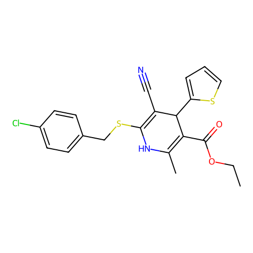 ethyl 6-((4-chlorobenzyl)thio)-5-cyano-2-methyl-4-(thiophen-2-yl)-1,4-dihydropyridine-3-carboxylate structure