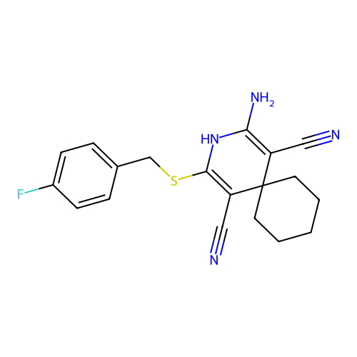 2-amino-4-((4-fluorobenzyl)thio)-3-azaspiro[5.5]undeca-1,4-diene-1,5-dicarbonitrile structure