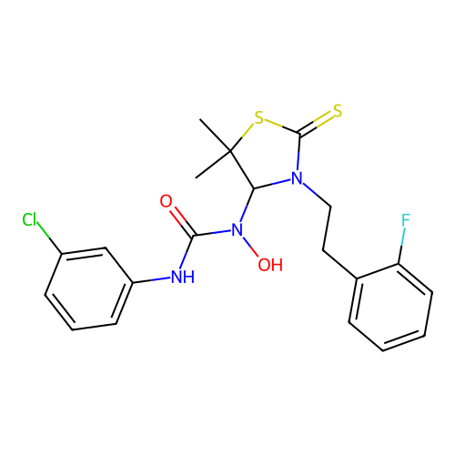 3-(3-chlorophenyl)-1-(3-(2-fluorophenethyl)-5,5-dimethyl-2-thioxothiazolidin-4-yl)-1-hydroxyurea structure