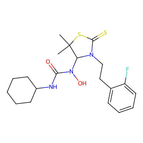 3-cyclohexyl-1-(3-(2-fluorophenethyl)-5,5-dimethyl-2-thioxothiazolidin-4-yl)-1-hydroxyurea structure