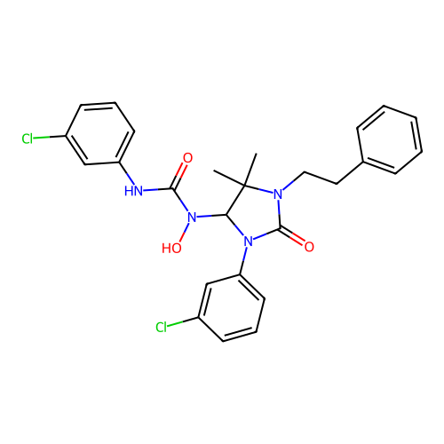 3-(3-chlorophenyl)-1-(3-(3-chlorophenyl)-5,5-dimethyl-2-oxo-1-phenethylimidazolidin-4-yl)-1-hydroxyurea structure