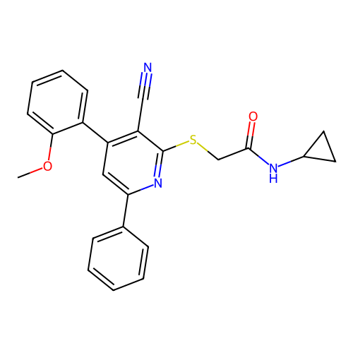 2-((3-cyano-4-(2-methoxyphenyl)-6-phenylpyridin-2-yl)thio)-N-cyclopropylacetamide structure