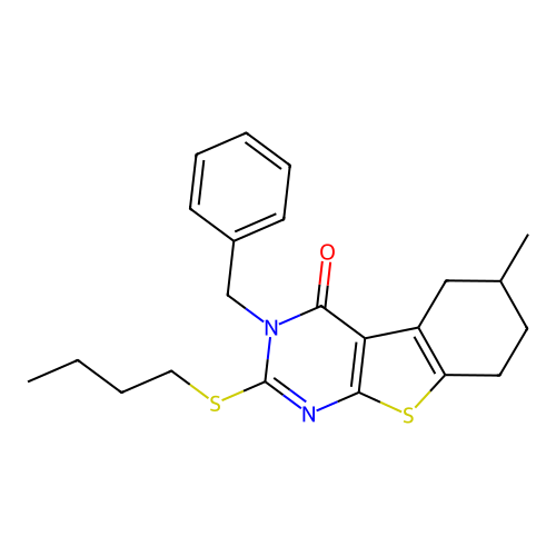 3-benzyl-2-(butylsulfanyl)-6-methyl-5,6,7,8-tetrahydro[1]benzothieno[2,3-d]pyrimidin-4(3H)-one structure