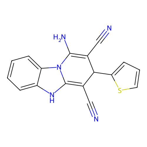 1-amino-3-(thiophen-2-yl)-3,5-dihydrobenzo[4,5]imidazo[1,2-a]pyridine-2,4-dicarbonitrile structure